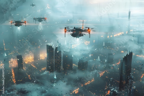 futuristic drone warfare in a dystopian cityscape concept illustration