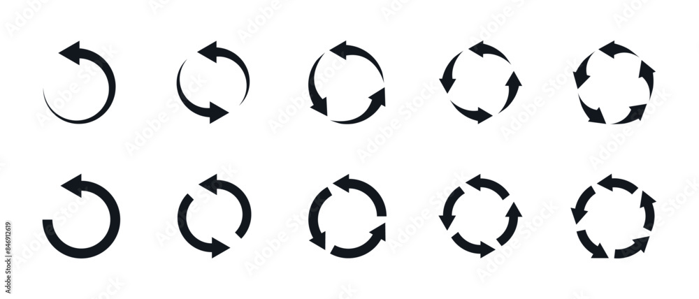 Circle arrow icon set. Symbol of reload, refresh, loading, recycle and repeat. Interconnecting round arrow vector icons set. Work in progress sign. One, two, three, four, five, six arrow in the loop. Circle arrow icon set. Symbol of reload, refresh, loading, recycle and repeat. Interconnecting round arrow vector icons set. Work in progress sign. One, two, three, four, five, six arrow in the loop.