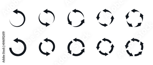Circle arrow icon set. Symbol of reload, refresh, loading, recycle and repeat. Interconnecting round arrow vector icons set. Work in progress sign. One, two, three, four, five, six arrow in the loop.