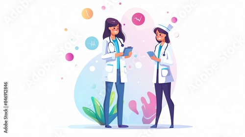 Wallpaper Mural Two female doctors in white coats discussing medical information on digital devices. Torontodigital.ca