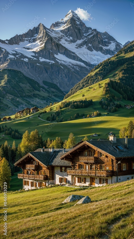 Stunning views of luxurious cabins in the Swiss Alps with breathtaking scenery