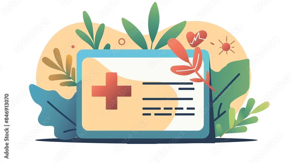 Medical card with red cross symbol and leaves. Medical card with red cross symbol and leaves.