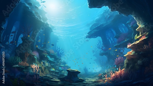 Beautiful underwater scenery with various types of fish and coral reefs Generative AI