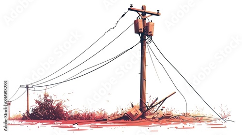 Wooden power pole with wires and transformer, isolated on white background.