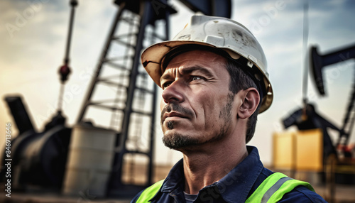 Oilman's Day. oil production. an oil worker. an oil well, an oilman on the background of an oil rig photo