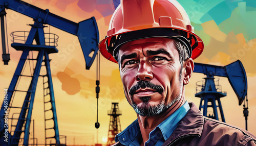 Oilman's Day. oil production. an oil worker. an oil well, an oilman on the background of an oil rig photo