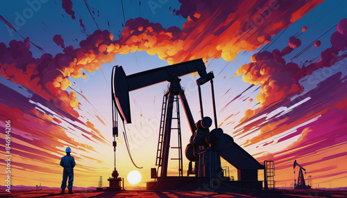 Oilman's Day. oil production. an oil worker. an oil well, an oilman on the background of an oil rig photo