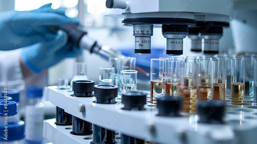 Cancer Laboratory: A detailed shot of a laboratory in a clinic, where technicians are analyzing samples for cancer diagnosis Cancer Laboratory: A detailed shot of a laboratory in a clinic, where technicians are analyzing samples for cancer diagnosis