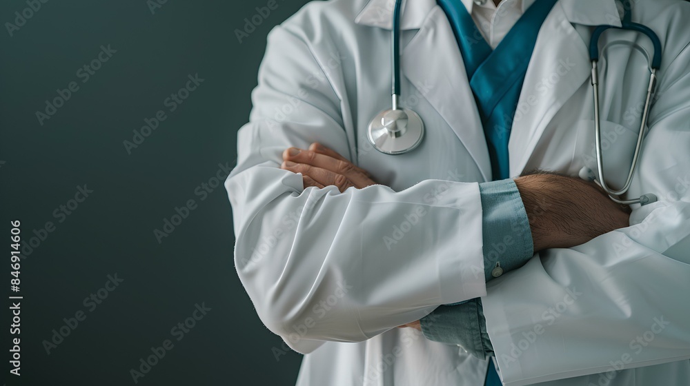Healthcare Assurance Close-up of a doctor's crossed arms, with the white coat and stethoscope symbolizing trust and reassurance in healthcare services Healthcare Assurance Close-up of a doctor's crossed arms, with the white coat and stethoscope symbolizing trust and reassurance in healthcare services