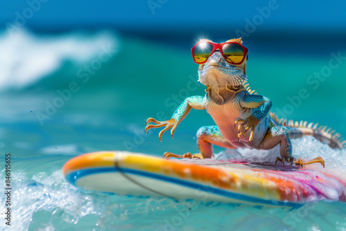 Lizard in mirrored sunglasses, standing confidently on a surfboard, gliding on top of a huge wave. Concept of summer vacations, sports, demonstration of adrenaline entertainment. © alisluch