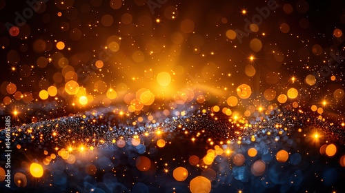 A bright orange and blue background with many small, glowing dots