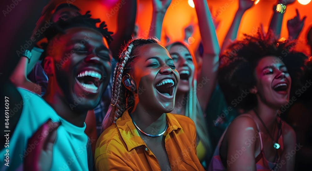 Happy group of friends having fun at a music concert, cheering and laughing in the front row crowd Happy group of friends having fun at a music concert, cheering and laughing in the front row crowd