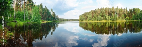 Lake. Panoramic View of Beautiful Forest Lake with Green Shore in Autumn Season