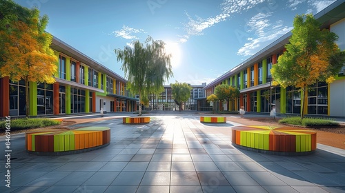 A successful elementary school, showing good vibrant energy and architecturally pleasing outdoors. Generative AI.