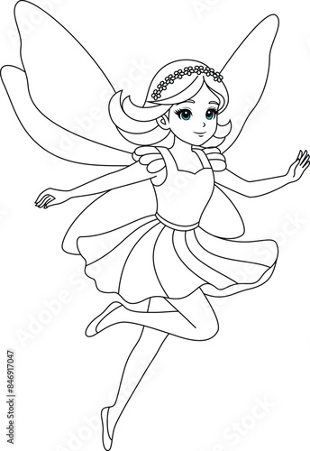 Cute kawaii fairy with sparkling wings flying isolated on white background outline coloring page for kids