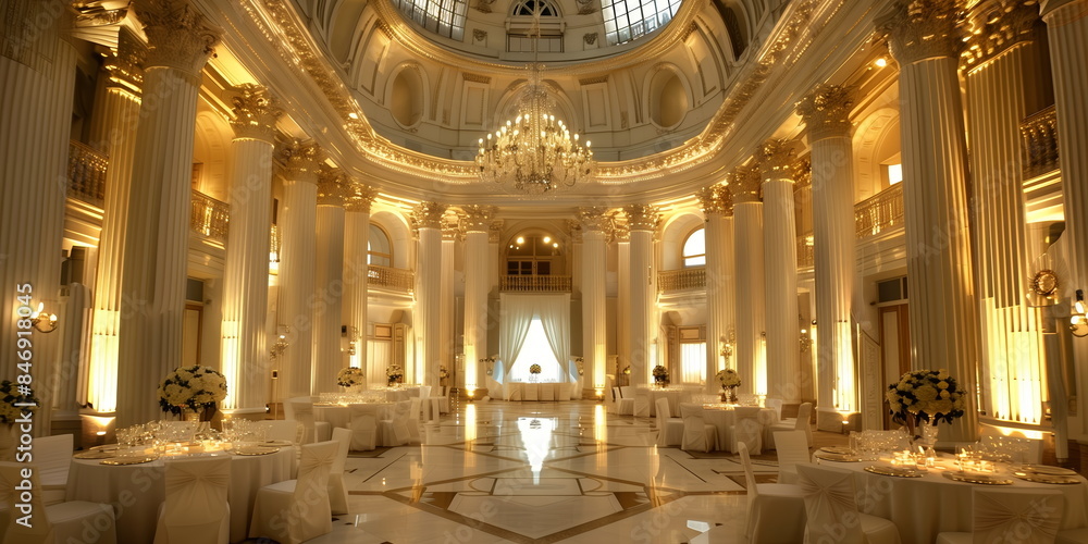 Obraz premium A classic European style palace, with high dome ceiling and decorations. wide format, Dining or restaurant. Hand edited generative AI.