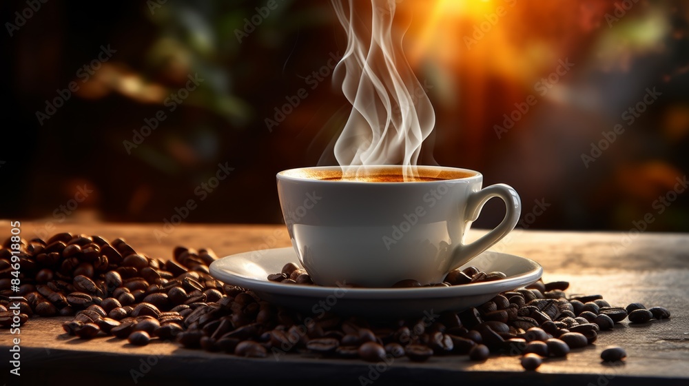 Close-up Espresso Coffee Cup With Beans On Vintage Table, Steam rising from the cup Close-up Espresso Coffee Cup With Beans On Vintage Table, Steam rising from the cup
