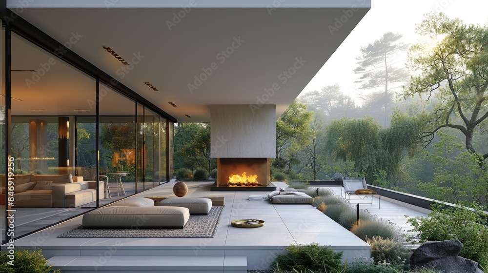 Large balcony with fireplace combined with open space blending with nature Large balcony with fireplace combined with open space blending with nature