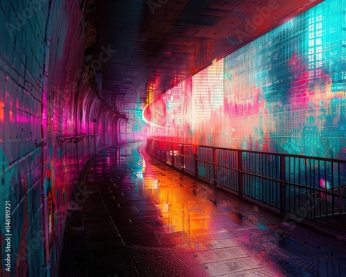 Capture a cybernetic cityscape blending futuristic holograms with gritty street murals, using dynamic angles to showcase the clash of advanced tech and urban art