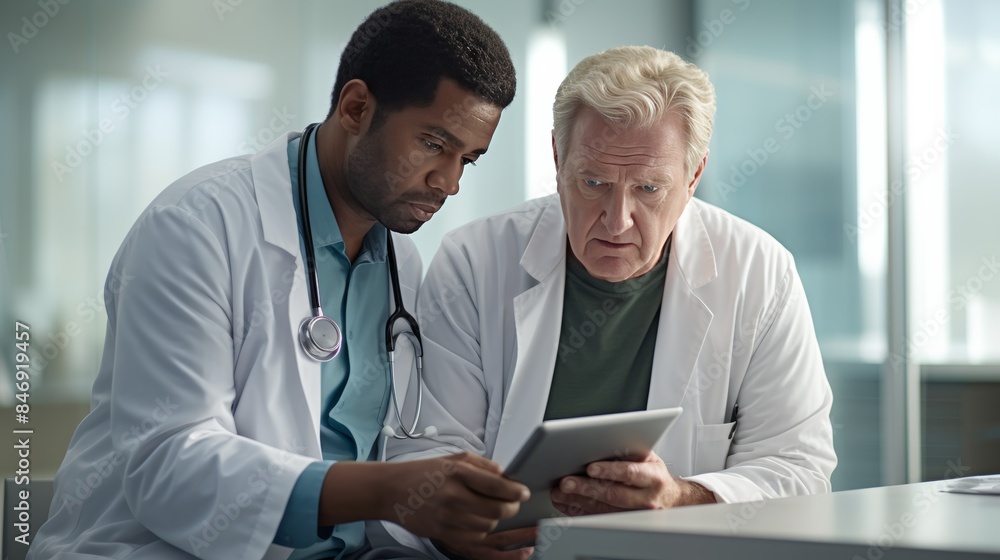 doctor and patient looking intently at a digital tablet screen, their faces reflecting understanding and concern doctor and patient looking intently at a digital tablet screen, their faces reflecting understanding and concern