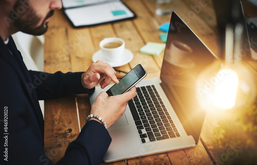 Fotografie Office, phone screen and businessman for scroll, typing and browsing on online website