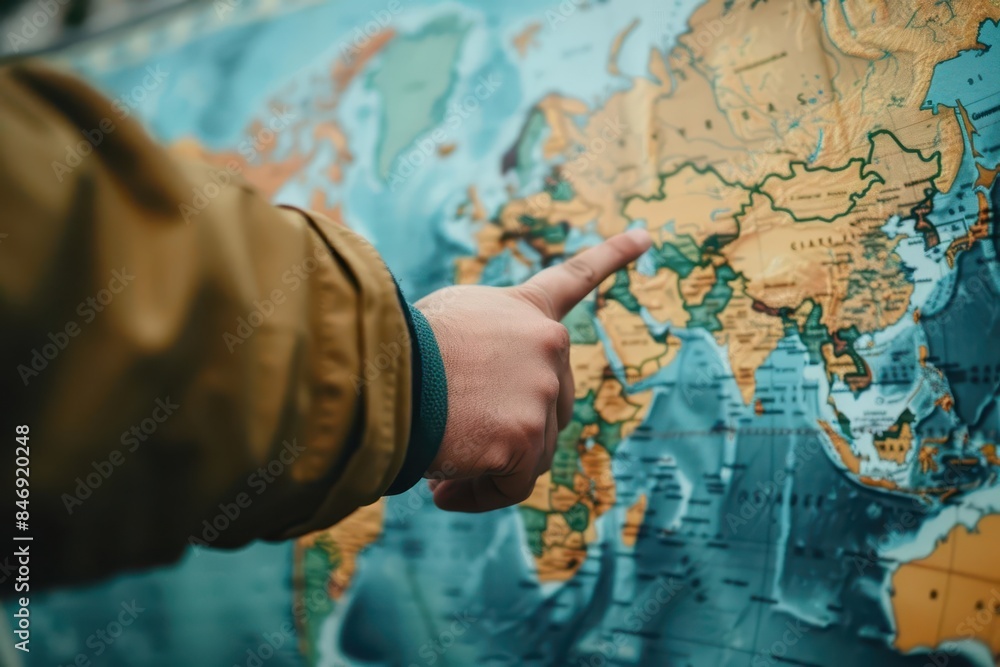 human hand pointing at world map global travel and connections concept human hand pointing at world map global travel and connections concept