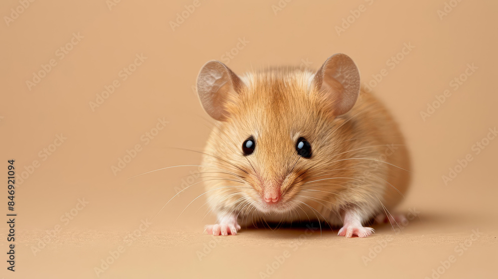 Cute little brown mouse looking at the camera on a light brown background. Cute little brown mouse looking at the camera on a light brown background.