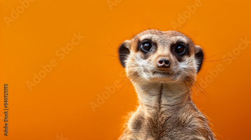 A curious meerkat looking directly at the camera against a vibrant orange background.