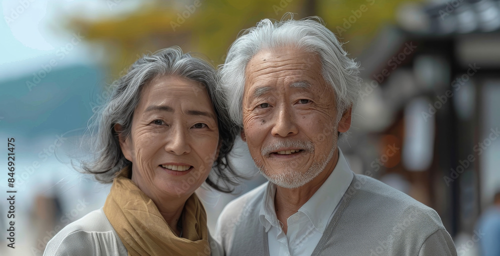 A happy senior Asian couple, smiling, wearing white. Generative AI. A happy senior Asian couple, smiling, wearing white. Generative AI.