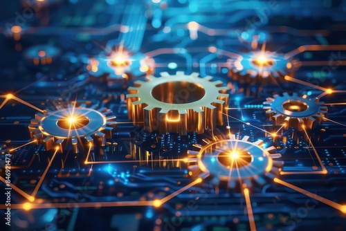 interconnected gears and circuitry symbolizing synergy between technology and business processes