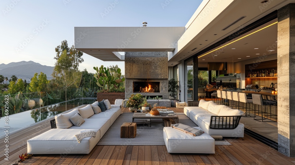 Large balcony with fireplace combined with open space blending with nature