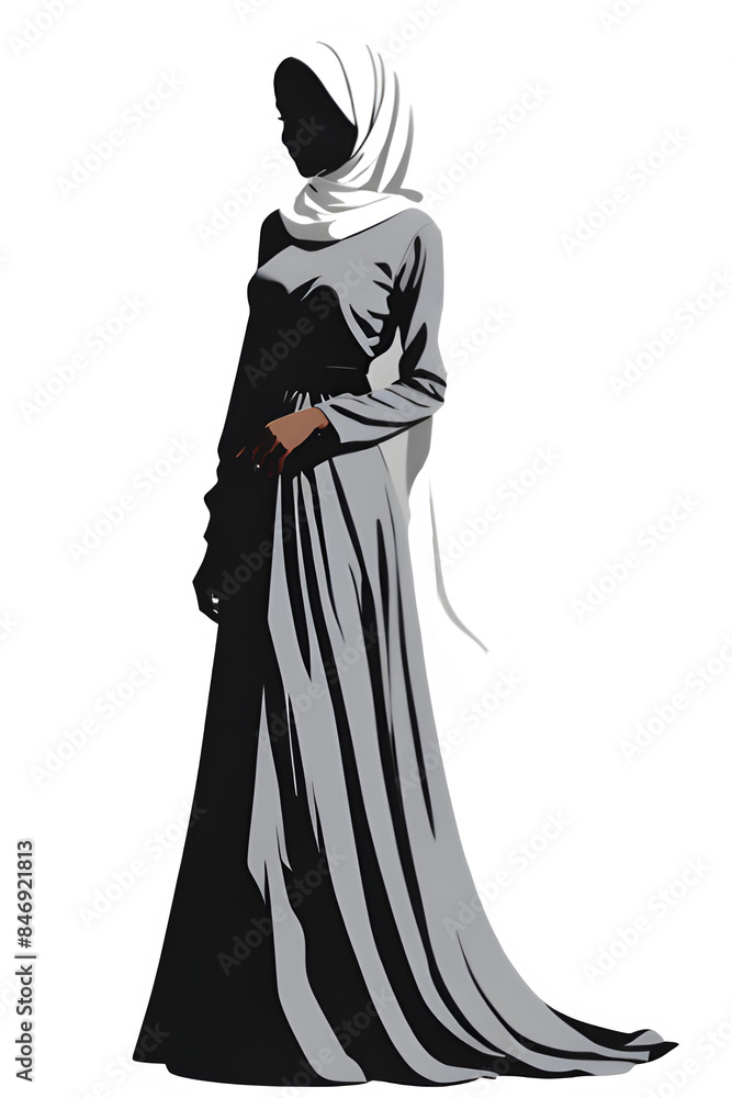 Naklejka premium A girl in a very beautiful ornate dress, black silhouette of a beautiful woman, transparent background, sophisticated, highly detailed, modest dress