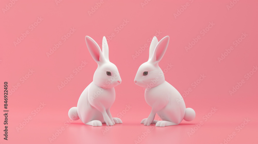 Pair of white rabbits facing each other, set against a soft pink background, creating a cute and whimsical scene. Pair of white rabbits facing each other, set against a soft pink background, creating a cute and whimsical scene.