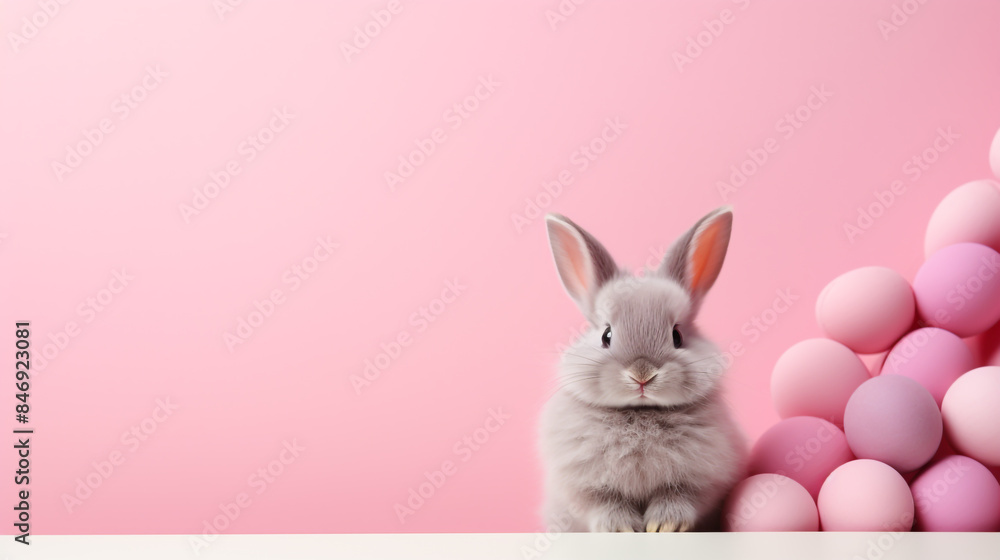 Fototapeta premium Cute gray rabbit, pink background