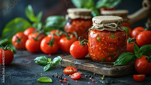 Studio shot of a glass jar filled with homemade tomato jam, with a rustic label and twine tied around the lid, positioned against a backdrop of fresh tomatoes and basil leaves, showcasing the photo