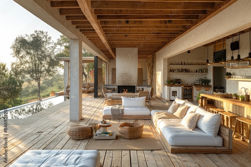 Large balcony with fireplace combined with open space blending with nature Large balcony with fireplace combined with open space blending with nature