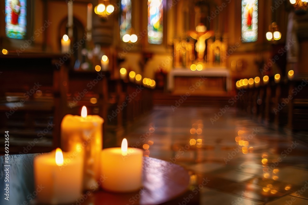 lit candles in beautiful catholic or lutheran church with altar and crucifix religious stock photo lit candles in beautiful catholic or lutheran church with altar and crucifix religious stock photo