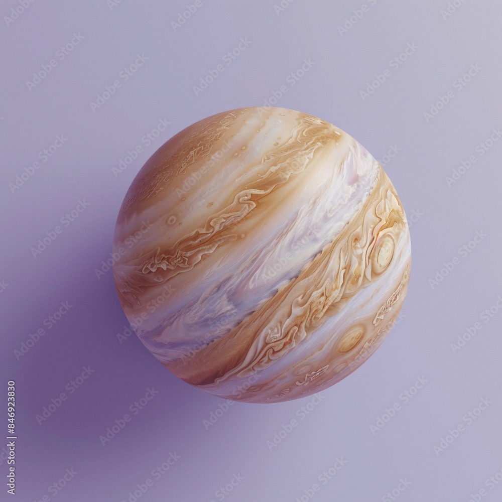 Minimalistic representation of Jupiter against a pastel purple background. Showcases the unique swirling patterns of the gas giant. 3D Illustration.