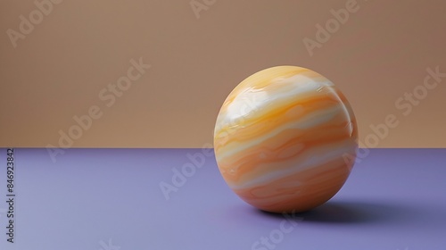 Minimalist image of a spherical object with a beautiful swirl pattern, set against a two-tone background of beige and purple. 3D Illustration.