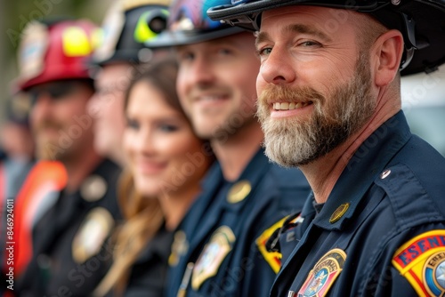 A group of firefighters, paramedics, and police officers standing shoulder-to-shoulder, their uniforms representing the selfless service and dedication of essential workers