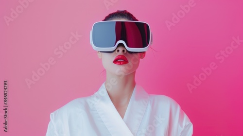 woman wearing VR glasses on a pink background