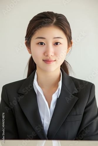 Receptionist - A Chinese pretty young women super model welcoming guests with warmth and professionalism, stationed at the front desk in a corporate setting. photo on white isolated