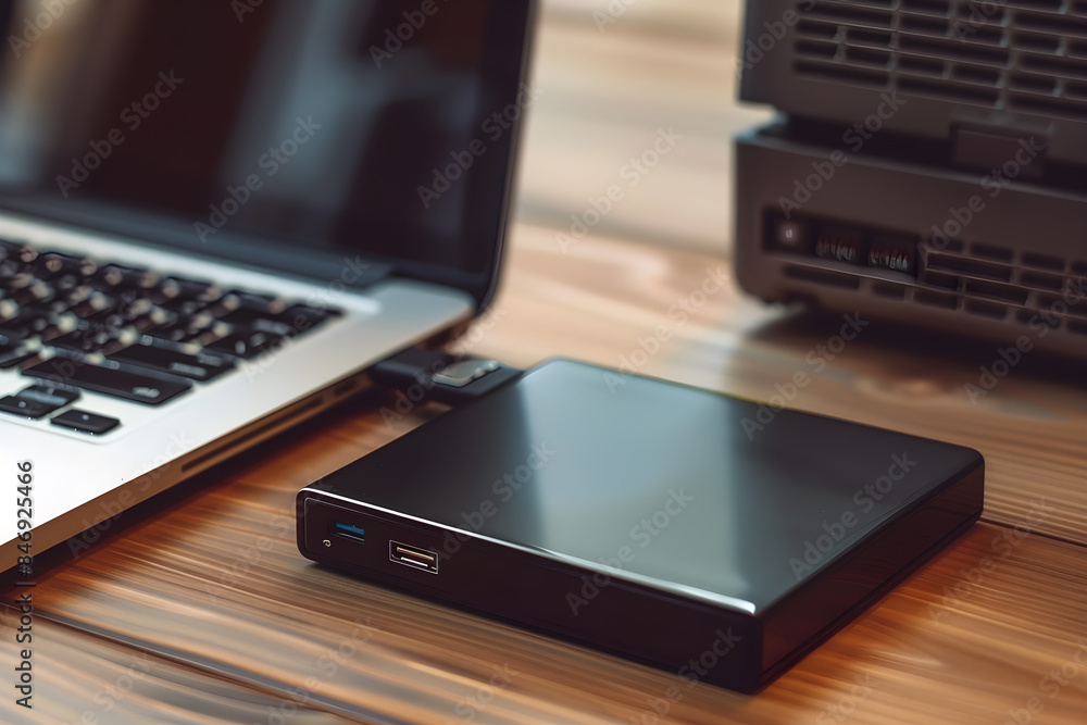 external harddisk near laptop closeup shot natural light external harddisk near laptop closeup shot natural light