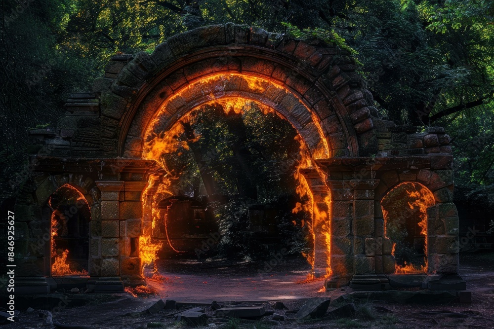 Stone archway set ablaze with magical fire in a dense forest, casting an ethereal glow at twilight Stone archway set ablaze with magical fire in a dense forest, casting an ethereal glow at twilight