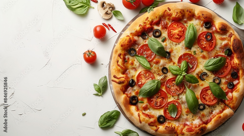 A close-up image of a pizza with tomatoes, basil, and black olives A close-up image of a pizza with tomatoes, basil, and black olives
