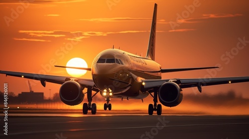 Airplane landing at sunset with a radiant golden sky and plenty of copy space for text placement