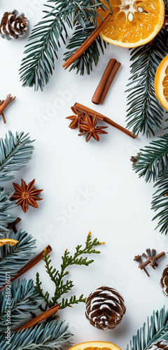 Background with natural elements, pine branches, pine cones, dried oranges, cinnamon sticks. Christmas break. Christmas holidays.