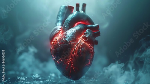 3D illustration of a human heart displayed on an Xray film Detailed anatomical features with arteries and veins Cool blue tones with soft lighting