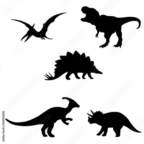 Silhouettes of Dinosaurs in Various Poses, Prehistoric Creatures, Dinosaur Silhouette Art