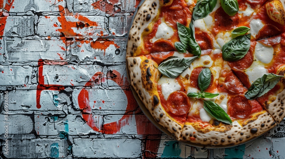 Fototapeta premium A close-up of a graffiti pizza with basil and mozzarella